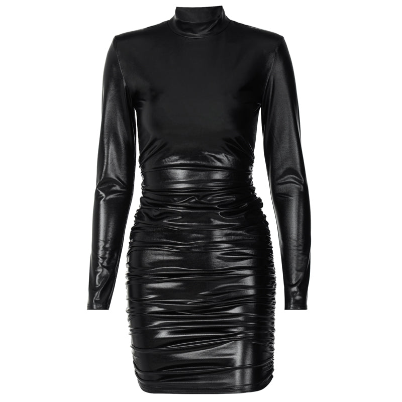 Drune | Mini Kleid mit hohem Kragen und langen gerafften Ärmeln