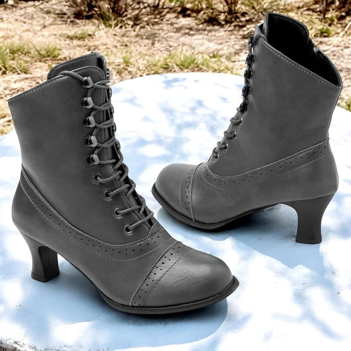 Drune | Damen Viktorianische Braune Mid-Heel Schnürstiefel mit Reißverschluss