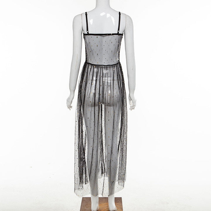 Drune | Stern Schwarz Netz Transparent Ärmelloses Maxi-Kleid