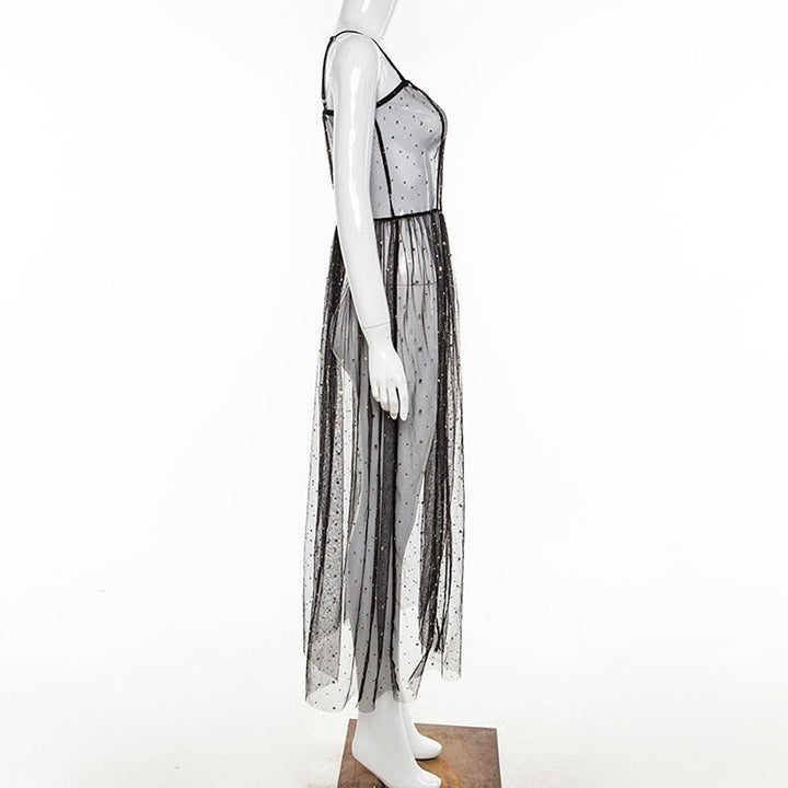 Drune | Stern Schwarz Netz Transparent Ärmelloses Maxi-Kleid