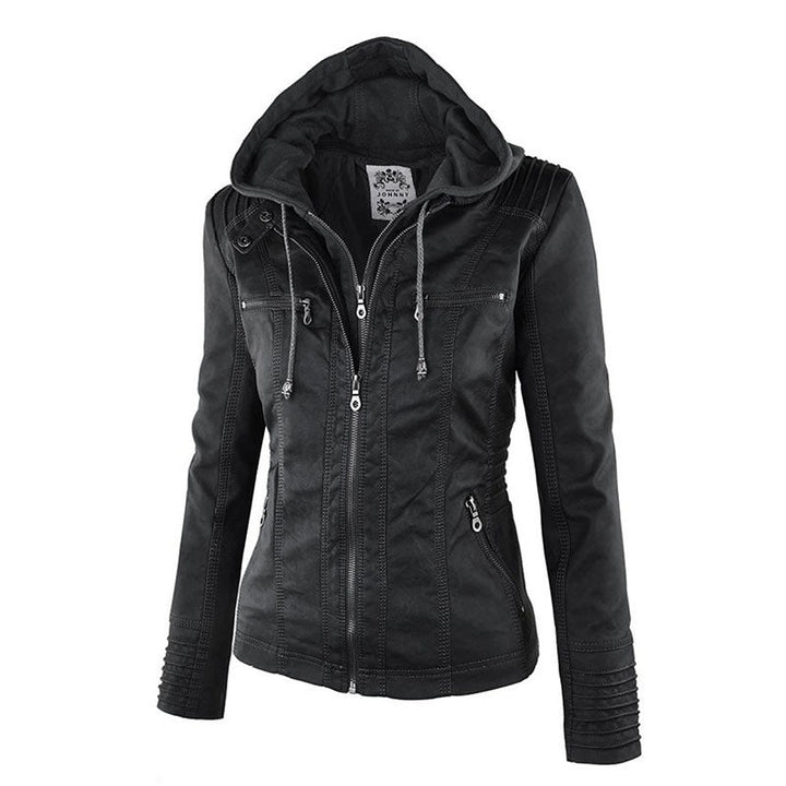 Drune Lederimitat Mantel | Damen Kapuzenjacke: Basic PU-Jacke