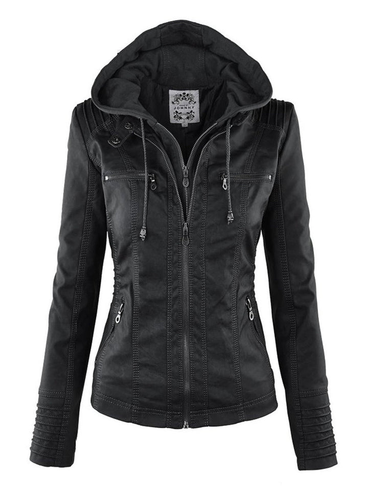 Drune Lederimitat Mantel | Damen Kapuzenjacke: Basic PU-Jacke