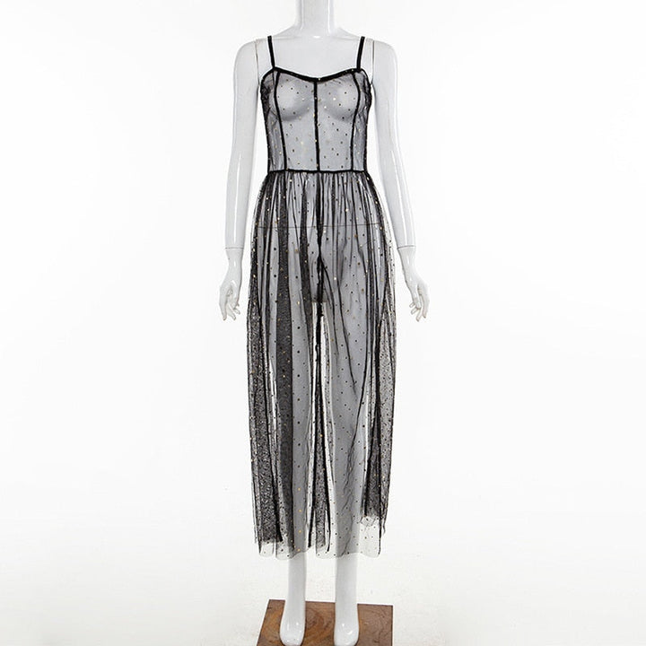 Drune | Stern Schwarz Netz Transparent Ärmelloses Maxi-Kleid