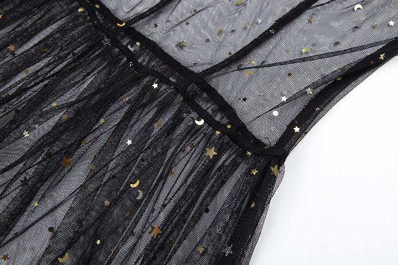 Drune | Stern Schwarz Netz Transparent Ärmelloses Maxi Kleid