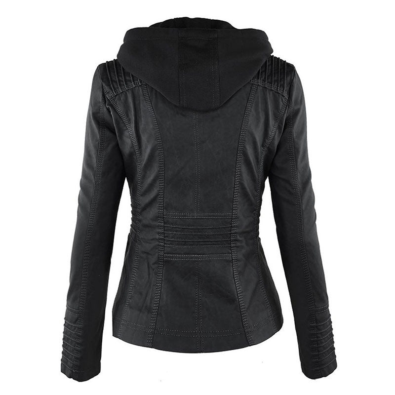 Drune Lederimitat Mantel | Damen Kapuzenjacke: Basic PU-Jacke
