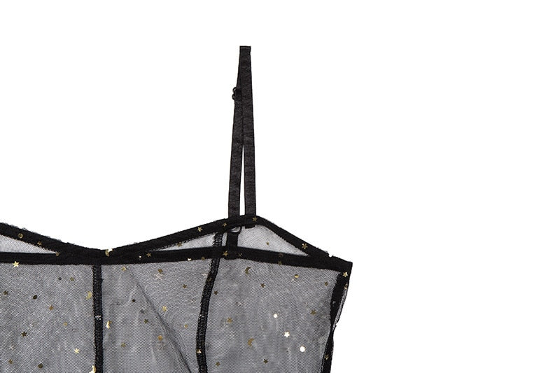 Drune | Stern Schwarz Netz Transparent Ärmelloses Maxi Kleid