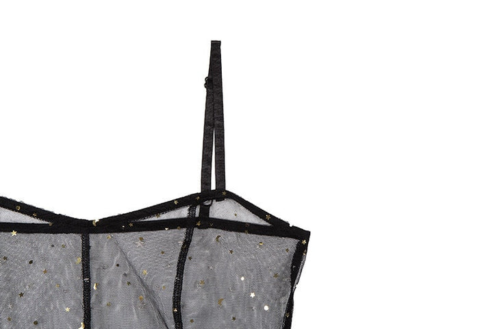 Drune | Stern Schwarz Netz Transparent Ärmelloses Maxi Kleid