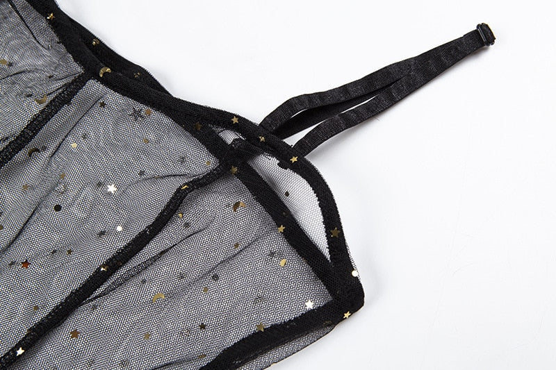 Drune | Stern Schwarz Netz Transparent Ärmelloses Maxi Kleid