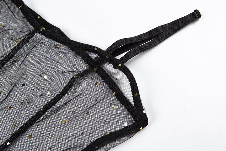 Drune | Stern Schwarz Netz Transparent Ärmelloses Maxi Kleid