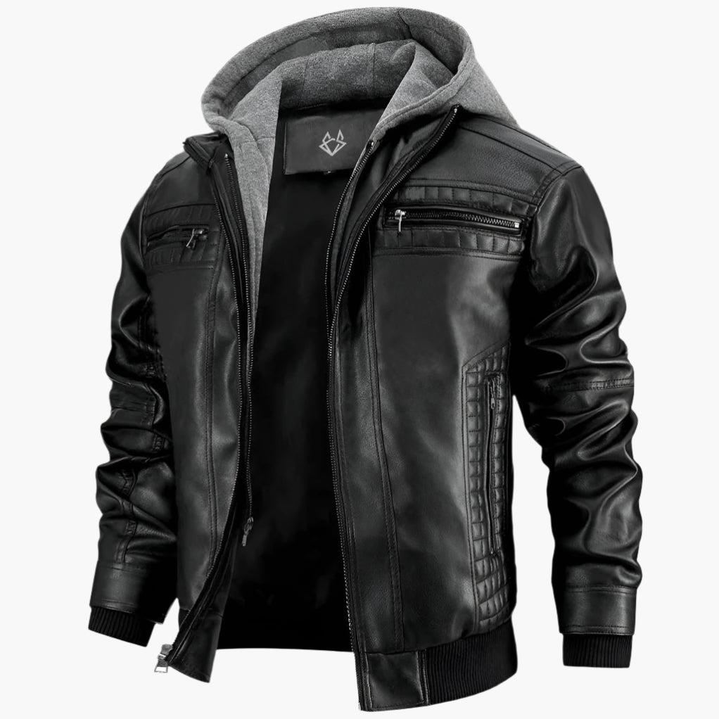 Drune | Urban Streetwear Kunstlederjacke mit abnehmbarer Kapuze - Modische Übergangsjacke für Alltag und Freizeit