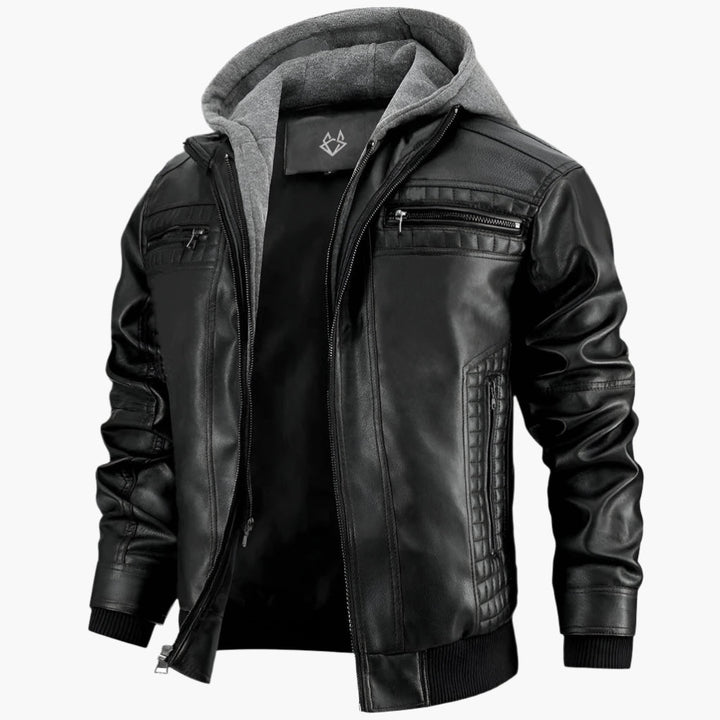 Drune | Urban Streetwear Kunstlederjacke mit abnehmbarer Kapuze - Modische Übergangsjacke für Alltag und Freizeit