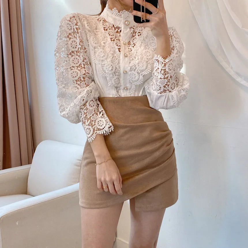 Drune | Bluse Spitzenbluse mit Hohem Kragen