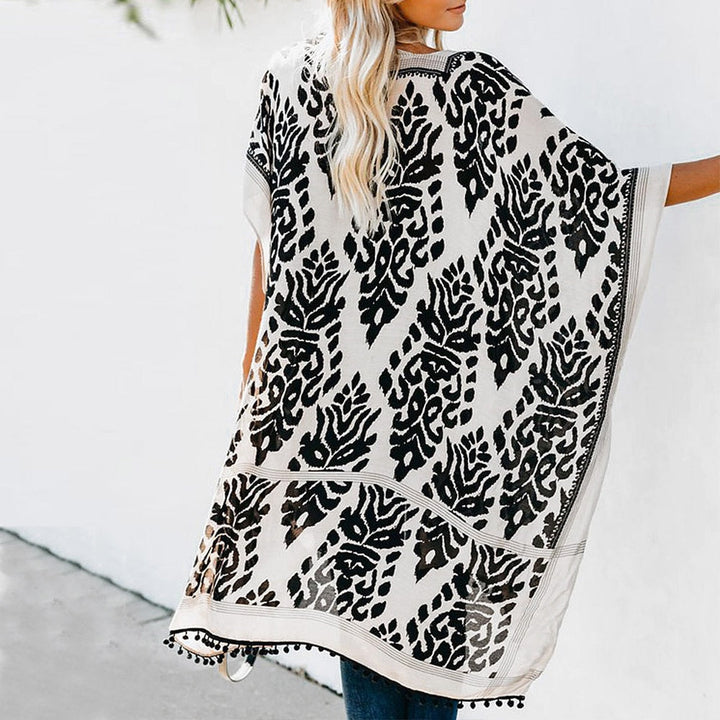 Drune | Böhmischer Kimono mit Blattdruck und Fransendetail