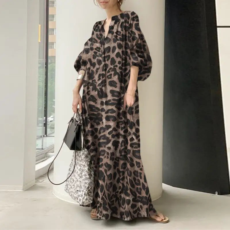 Drune Leopardenkleid | Stilvolles, sommerliches, bedrucktes, oversized Maxikleid mit langen Ärmeln