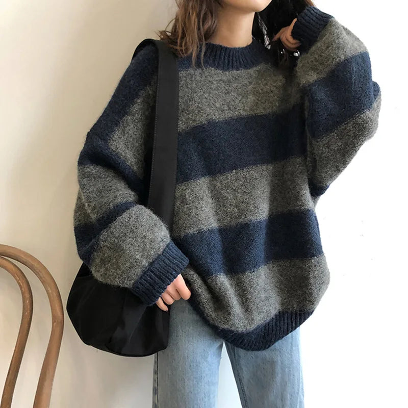 Drune | Pullover - Damen Herbst Übergröße Gestreifter Strickpullover