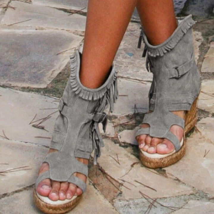 Drune | Weinlese PU-Quasten Peeptoe Hohe Keil Sandalen