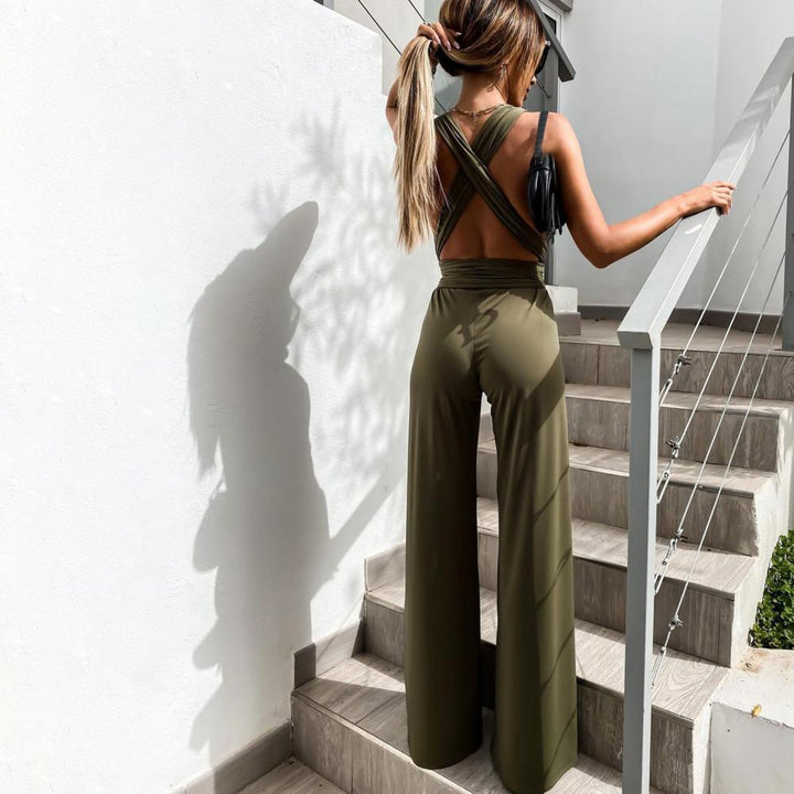 Drune | Eleganter ärmelloser Jumpsuit mit tiefem V-Ausschnitt, Taillenbund und weitem Bein