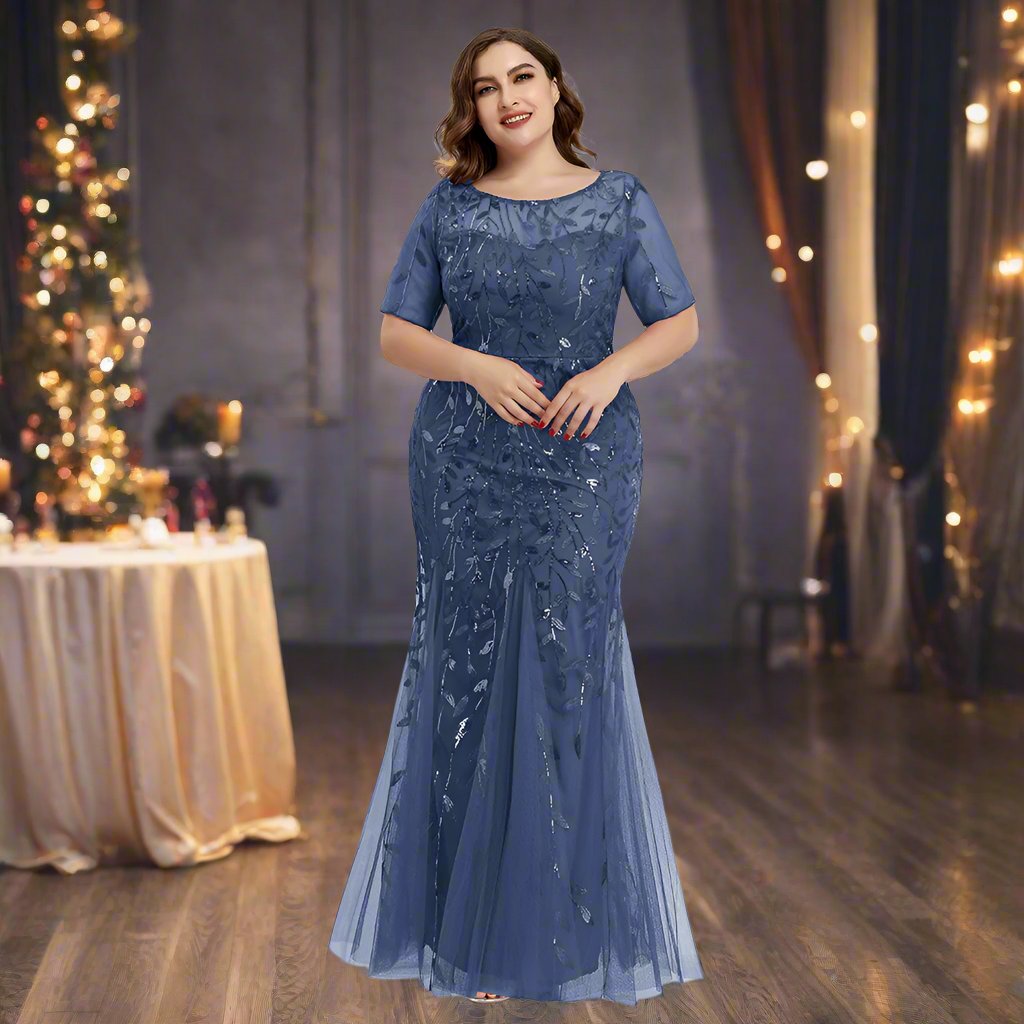 Drune | Damen Abendkleid in Übergröße Mit Pailletten Und Mesh Stickerei Im Meerjungfrau Stil