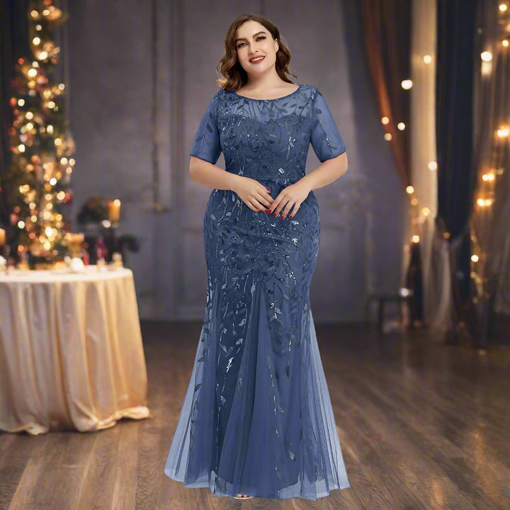 Drune | Damen Abendkleid in Übergröße Mit Pailletten Und Mesh Stickerei Im Meerjungfrau Stil