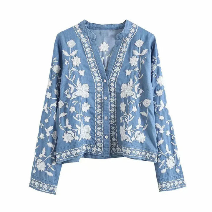 Drune | Denimjacke Besticktes Blumenmuster Knopfverschluss Lockere Passform