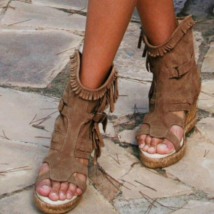 Drune | Weinlese PU-Quasten Peeptoe Hohe Keil Sandalen