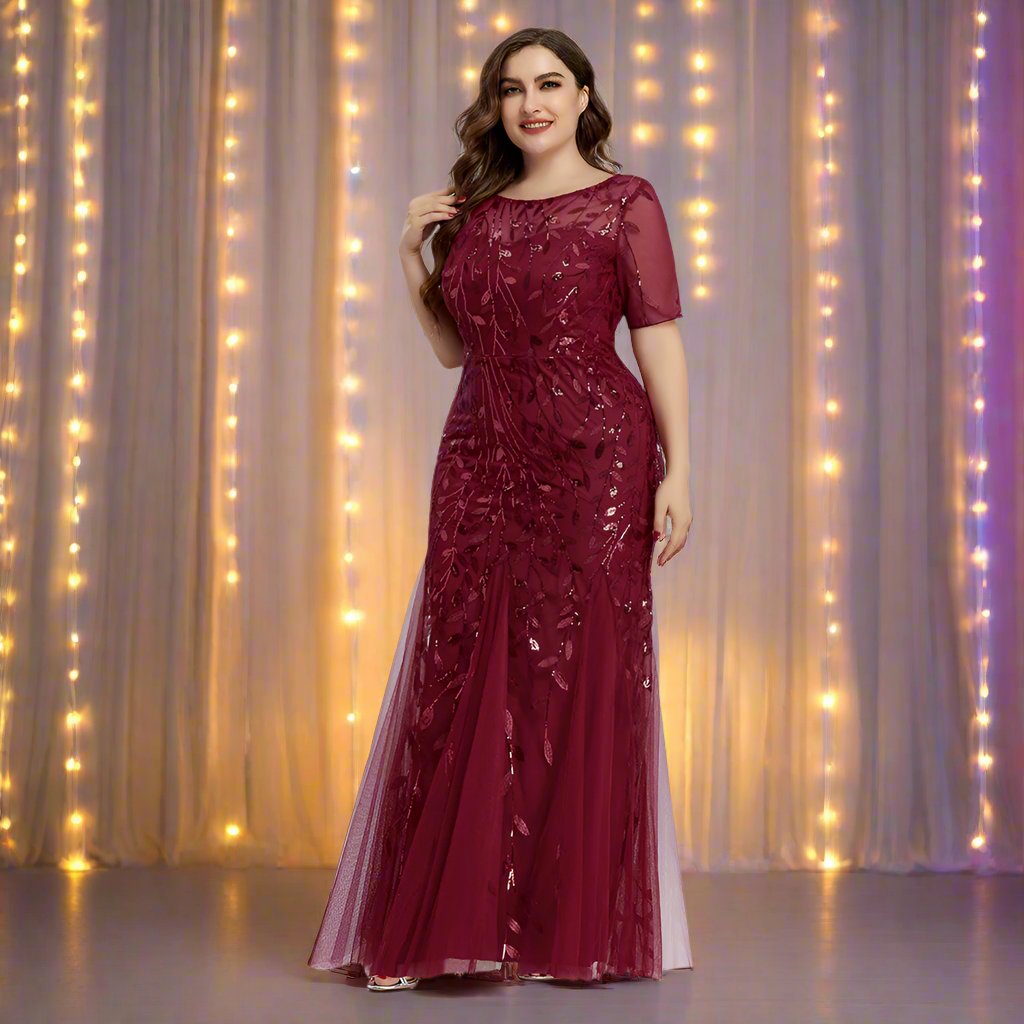 Drune | Damen Abendkleid in Übergröße Mit Pailletten Und Mesh Stickerei Im Meerjungfrau Stil