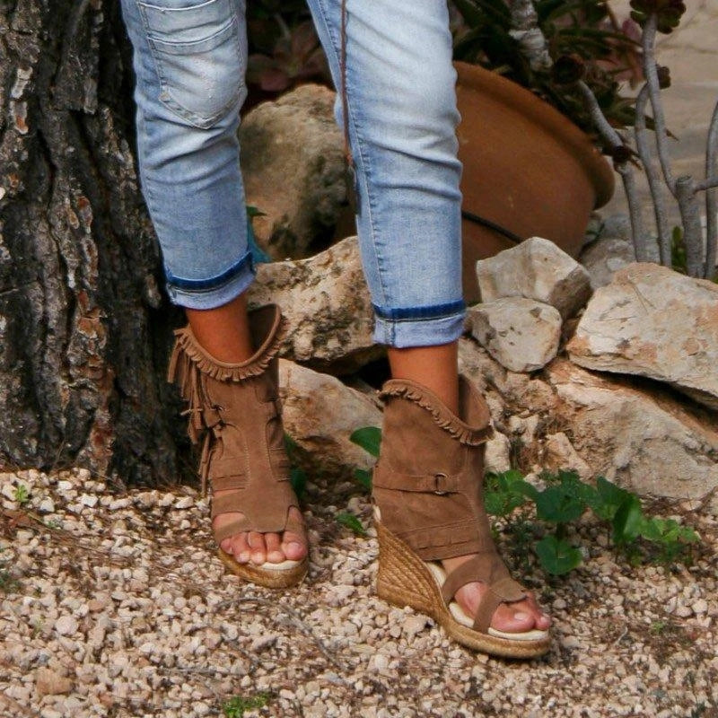 Drune | Weinlese PU-Quasten Peeptoe Hohe Keil Sandalen