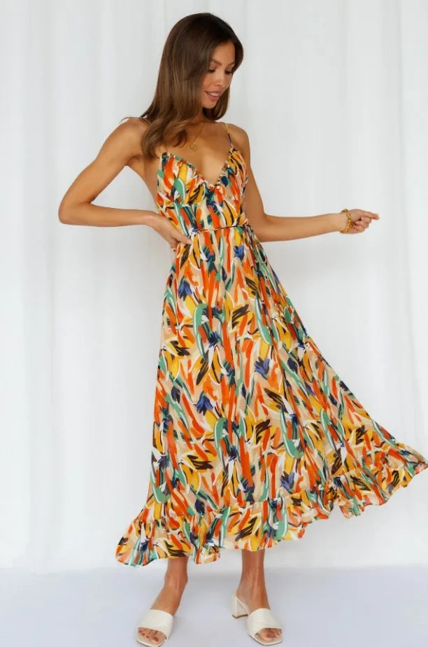 Drune Sommerkleid | Midi Damenkleid mit offenem Rücken und Ausschnitt, bedruckt