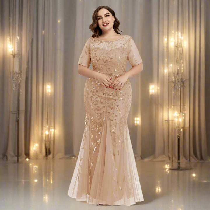 Drune | Damen Abendkleid in Übergröße Mit Pailletten Und Mesh Stickerei Im Meerjungfrau Stil