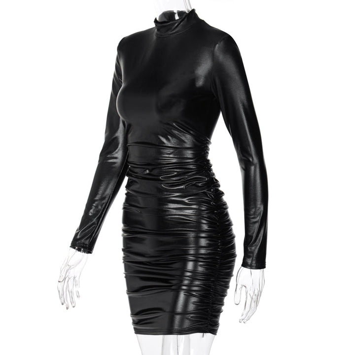 Drune | Mini Kleid mit hohem Kragen und langen gerafften Ärmeln