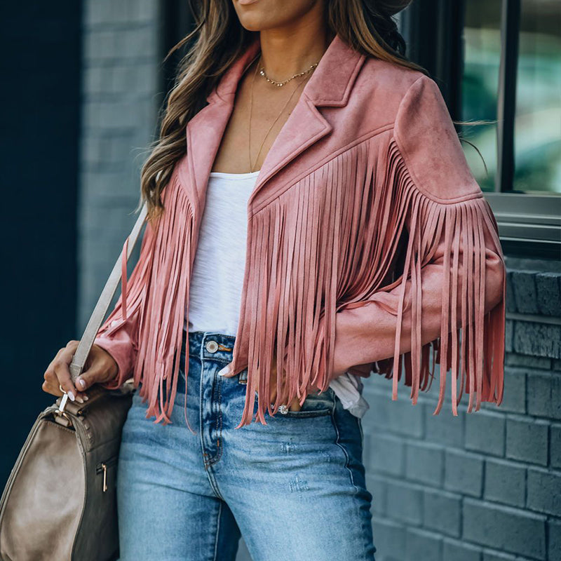 Drune | Revers Langarm Fransen Crop Hippie Jacke