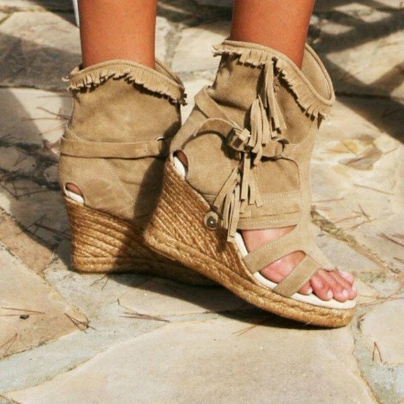 Drune | Weinlese PU-Quasten Peeptoe Hohe Keil Sandalen