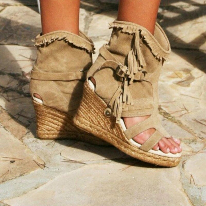 Drune | Weinlese PU-Quasten Peeptoe Hohe Keil Sandalen