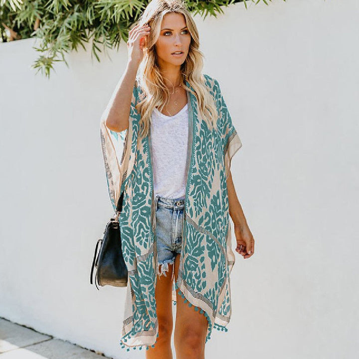 Drune | Böhmischer Kimono mit Blattdruck und Fransendetail