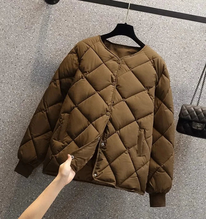 Drune | Steppjacke Diamantmuster Rundhalsausschnitt Druckknopfverschluss Rippbündchen