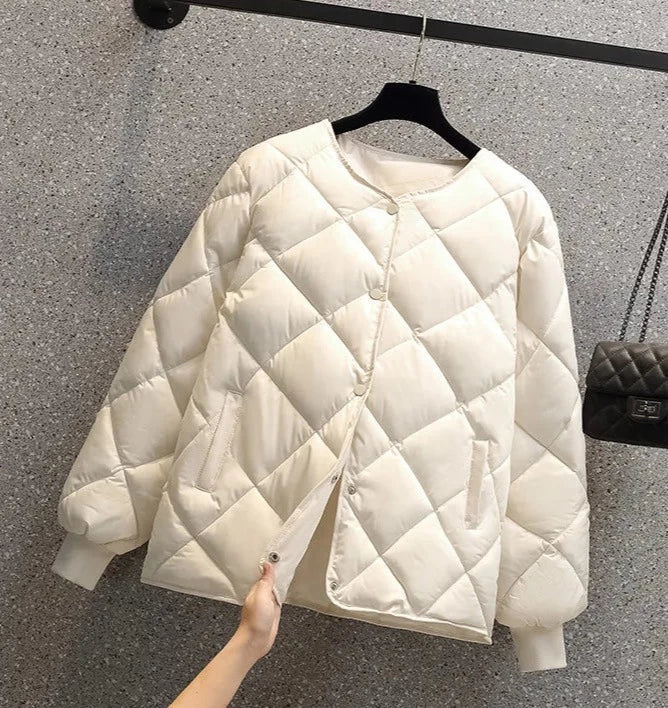 Drune | Steppjacke Diamantmuster Rundhalsausschnitt Druckknopfverschluss Rippbündchen