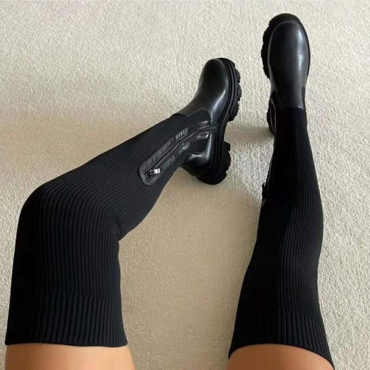 Drune Damen Overknee-Stiefel | Gestrickte Damen Stiefel: Plateau-Design, lange Sockenschuhe