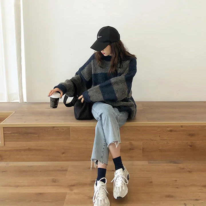 Drune | Pullover - Damen Herbst Übergröße Gestreifter Strickpullover