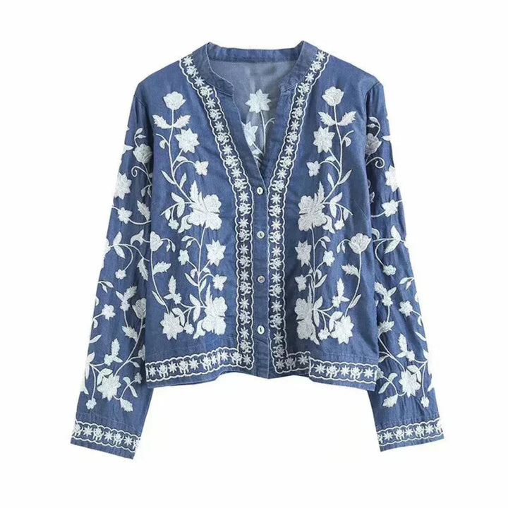 Drune | Denimjacke Besticktes Blumenmuster Knopfverschluss Lockere Passform