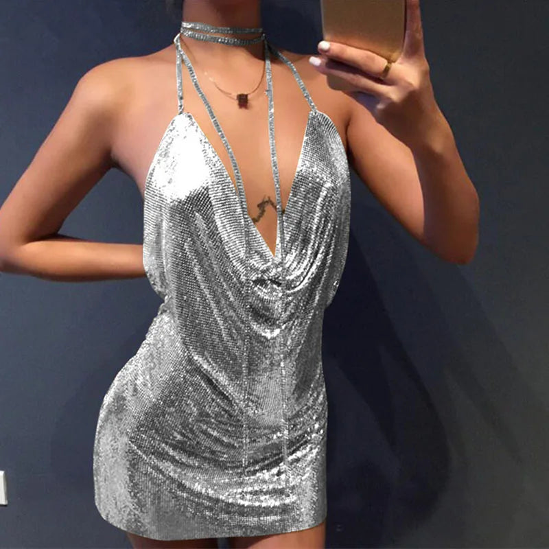 Drune | Diamond Halter Rückenfreies Split Metallisch Mini Kleid