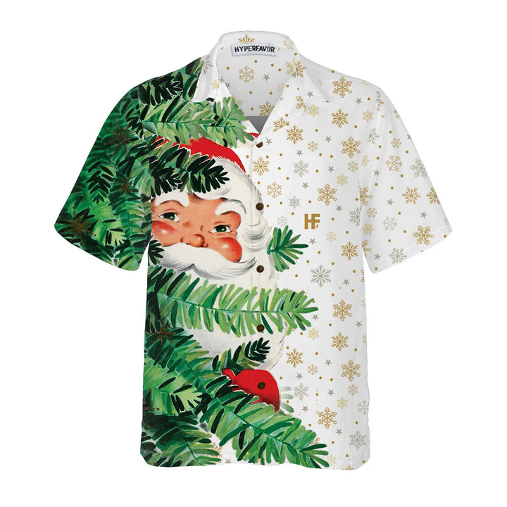 Drune | Hi Santa Hinter dem Weihnachtsbaum Weihnachtliches Hawaiian-Shirt, Süßes Weihnachtsmann Hawaiian-Shirt