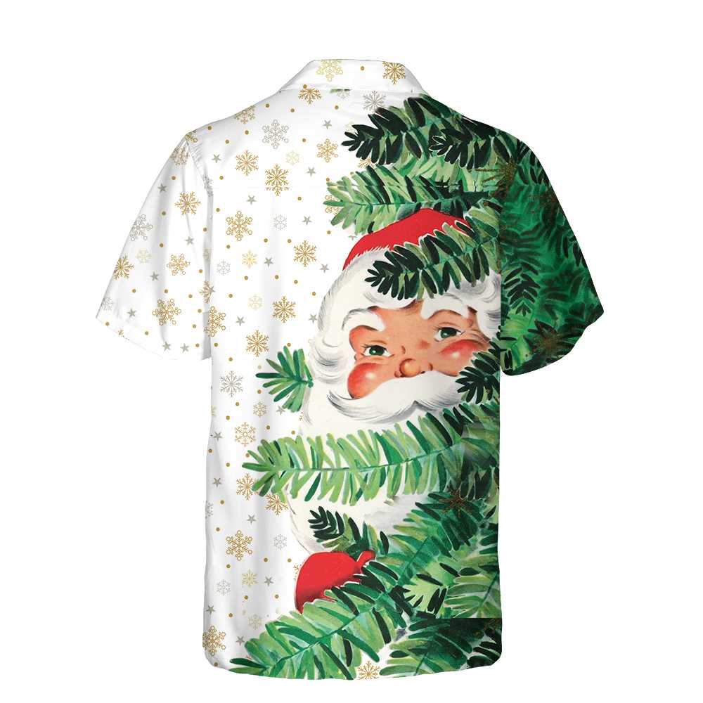 Drune | Hi Santa Hinter dem Weihnachtsbaum Weihnachtliches Hawaiian-Shirt, Süßes Weihnachtsmann Hawaiian-Shirt