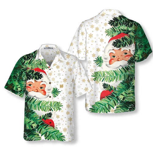 Drune | Hi Santa Hinter dem Weihnachtsbaum Weihnachtliches Hawaiian-Shirt, Süßes Weihnachtsmann Hawaiian-Shirt