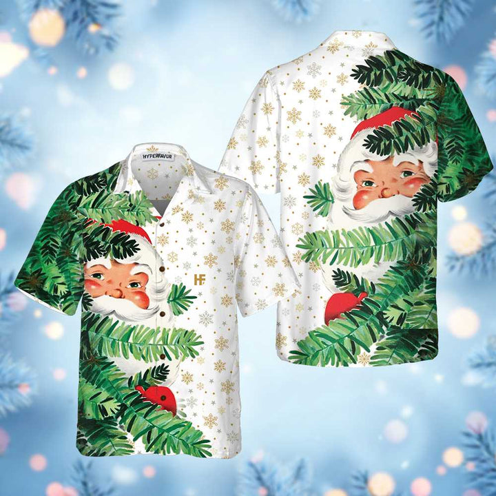 Drune | Hi Santa Hinter dem Weihnachtsbaum Weihnachtliches Hawaiian-Shirt, Süßes Weihnachtsmann Hawaiian-Shirt