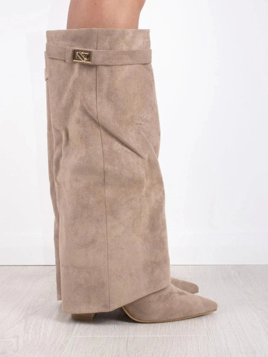 Hohe Stiefel aus PU-Leder - Spitzes Ende - Stiefel mit Absatz - Stiefel mit weitem Schaft Drune