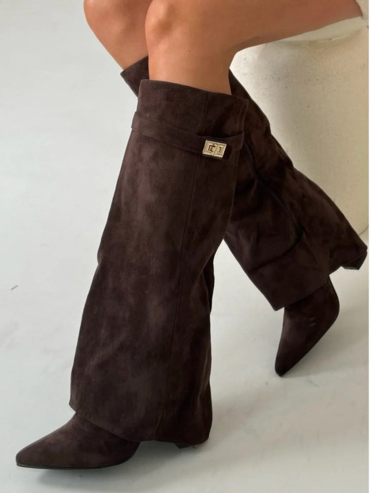 Hohe Stiefel aus PU-Leder - Spitzes Ende - Stiefel mit Absatz - Stiefel mit weitem Schaft Drune