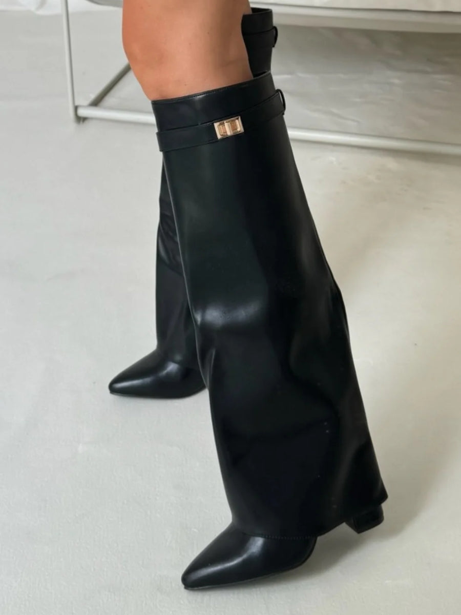 Hohe Stiefel aus PU-Leder - Spitzes Ende - Stiefel mit Absatz - Stiefel mit weitem Schaft Drune