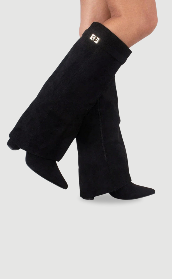 Hohe Stiefel aus PU-Leder - Spitzes Ende - Stiefel mit Absatz - Stiefel mit weitem Schaft Drune