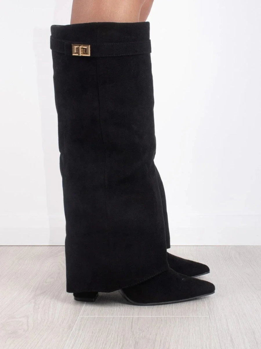 Hohe Stiefel aus PU-Leder - Spitzes Ende - Stiefel mit Absatz - Stiefel mit weitem Schaft Drune