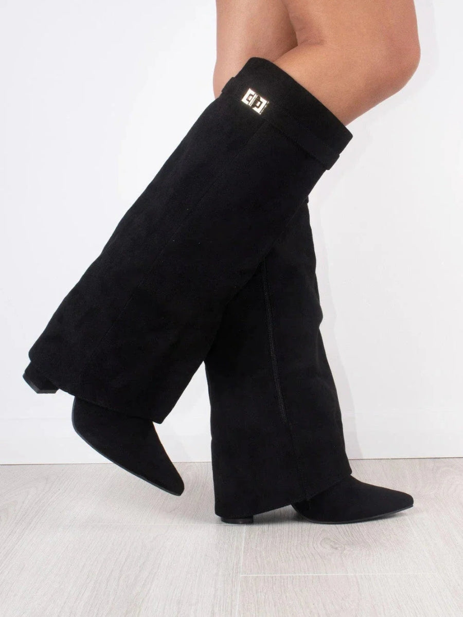 Hohe Stiefel aus PU-Leder - Spitzes Ende - Stiefel mit Absatz - Stiefel mit weitem Schaft Drune